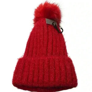 Nordstrom Rack Women’s Red Frilly Beanie Cap with Pom Pom on top NWOT
